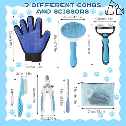 7-in-1 Pet Grooming Kit–Cat Brush,Dog Brush for Shedding,Double-Sided Flea Comb,Dog Nail Trimmers,Dog Bath Supplies–for All Cat and Small/Large Dog Shedding（Blue