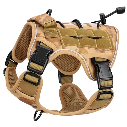 Heavy-Duty Tactical Dog Harness for Large Dogs, No Pull Adjustable Reflective Pet Vest with Molle System, K9 Military-Grade Control for Service Training, Outdoor & 10+ Breeds, Khaki Camo, Small - color: Khaki Camo, size: S: Neck: 14-19'', Chest: 20-26''