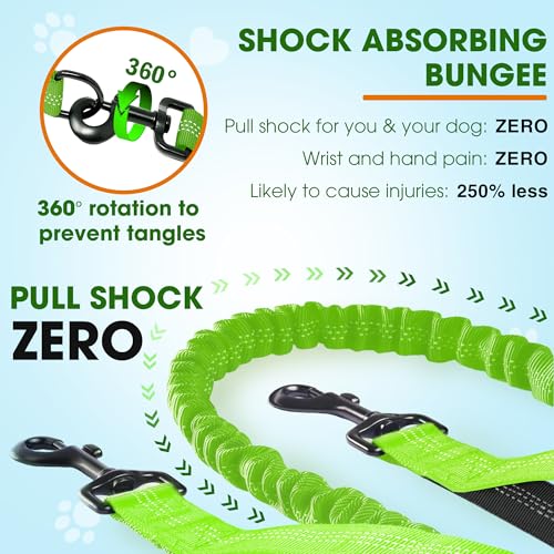 Hands Free Dog Leash with Waist Belt – No-Pull Bungee, Dual Padded Handles & Zipper Pouch for Running, Walking & Training – Adjustable Waist Leash for Large & Medium Dogs (Chartreuse) - color: Chartreuse