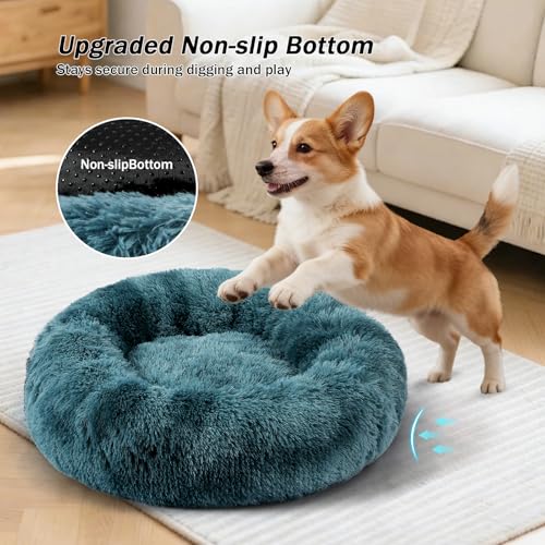 Calming Donut Dog Bed for Small to Medium Dogs & Cats - Plush Faux Fur Anti-Anxiety Pet Bed with Machine Washable Cover & Non-Slip Base - color: Gradient Blue, size: Small 19.6''