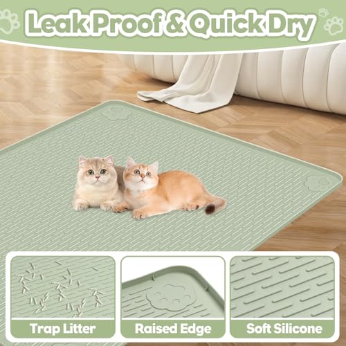 Kalolary Cat Litter Box Mats, Large 34" x 22" Silicone Cat Mat, Easy to Clean Kitty Litter Trapping Mat, Soft on Kitty Paws, Waterproof, Urine-Proof Kittys Litter Mats for Floor, Green - color: Green: 86x56cm