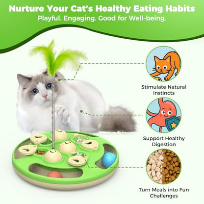 3 in 1 Cat Treat Puzzle Feeder, Level 3 Interactive Cat Puzzle Toy with Track Balls, Feather Teaser & Slow Feeder Insert, Non-Slip Base, Mental Stimulation for Bored Indoor Cats, Green - color: Green