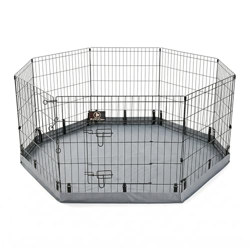 PJYuCien Dog Playpen with Bottom Pad - Metal Foldable Exercise Pen, 8 Panels 30" H x 24" W Indoor Outdoor Pet Fence Puppy Crate Kennel, Gray - color: Gray, size: Medium Pen: 30-Inch High