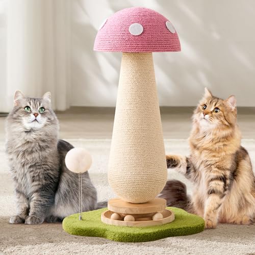 Mushroom Cat Scratching Post Cat Tree, 21.5‘’ H Cute Cat Scratcher Tower with Durable Solid Wood Turntable Toy, Baby Pink Mushroom Scratch Post Cat Sisal Scratcher with Catnip for Indoor Adult Cats - color: Pink Mushroom