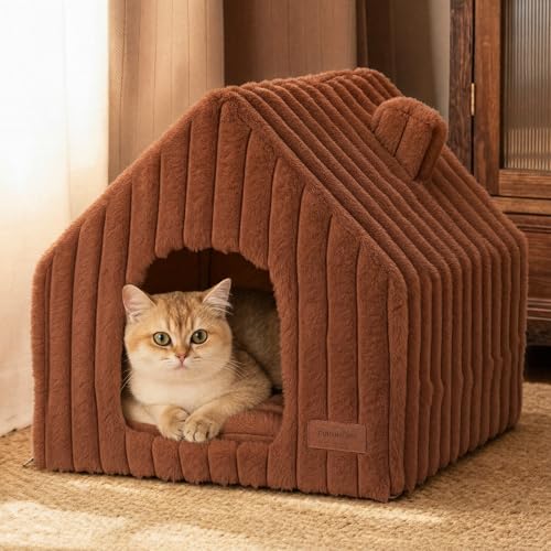 FUKUMARU Cat Houses for Indoor Cats, Washable Cute Cat Bed Cave with Removable Pillow, Large Semi-Enclosed Cozy Dog House Indoor, Soft Faux Rabbit Fur Kitten Bed, 17.5-Inch Durable Cat Hideaway, Brown - color: Brown