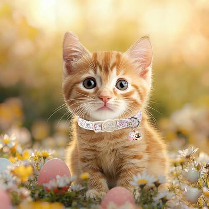 2 Pack Easter Cat Collars - Pastel Bunny&Egg Print Breakaway Easter Cat Collar with Bell & Bunny Pendant, Adjustable Cute Spring Holiday Kitten Collars for Boy Girl Cats - color: Pastel Bunny&Egg