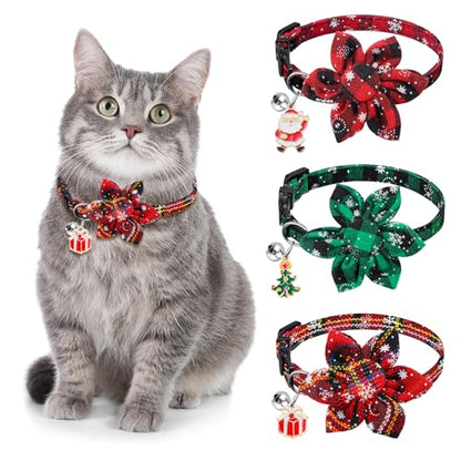 Vellibring 3 Pack Cat Collars, Christmas Flower Kitten Collars with Adjustable Breakaway Bow Tie Bell Plaid Snowflake Xmas Pet Supplies for Cats