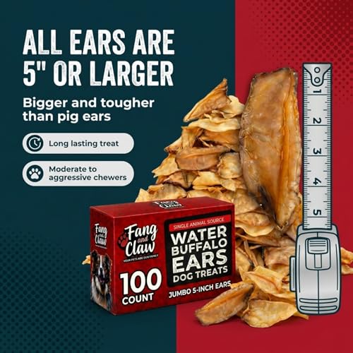 100 Count Water Buffalo Ears for Dogs, Bulk Pack, Jumbo 5-Inch - Pig Ear & Rawhide Alternative, Single-Ingredient Grass-Fed Long-Lasting Natural Dog Chews for Aggressive Chewers - style: 100 Count