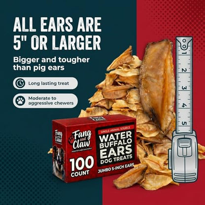 100 Count Water Buffalo Ears for Dogs, Bulk Pack, Jumbo 5-Inch - Pig Ear & Rawhide Alternative, Single-Ingredient Grass-Fed Long-Lasting Natural Dog Chews for Aggressive Chewers - style: 100 Count