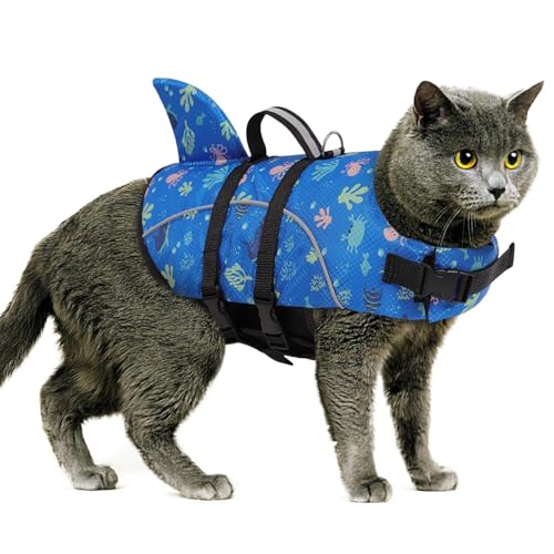 Queenmore Cat Shark Life Jacket, Extra Small Dog Life Vest for Swimming, XXS Dog Vest for Boating, Puppy Swim Jacket for Tiny Dogs and Cats, DogFloat in Water with Handle/Leash Hook - color: BluePrints, size: XX-Small