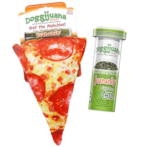 Doggijuana Refillable Juananip Toy Bundle | Pizza Bundle | Funny Dog Toy Plush with Catnip and Refill | Calming Aid for Dogs | Interactive Chew Toy for Play - style: Pizza