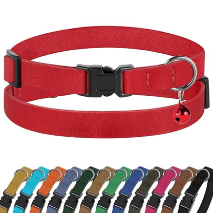 Breakaway Cat Collar Leather with Removable Bell - 13 Colors Available - Soft Adjustable Girl Boy Safety Lightweight Pet Kitten Collars Pink Brown Blue Green Red Orange Black (Red) - color: Red