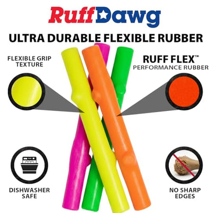 Ruff Dawg Fetch Stick Dog Toy – (1 pc) Assorted Colors – Durable Rubber Throw & Tug Toy with Treat Slot – Floats, Bendable & Puncture Resistant – BPA & Latex Free – Made in USA