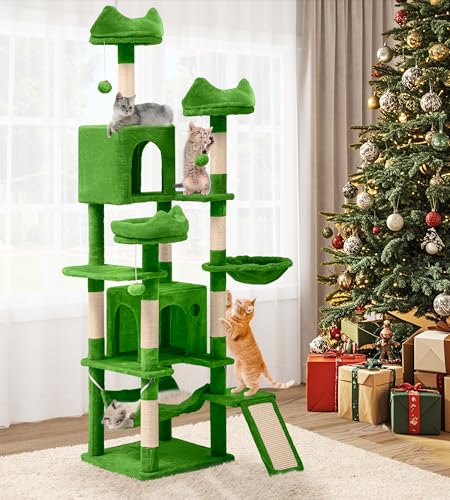 YITAHOME Tall Cat Tree for Indoor Cats, 75 inch Multi-Level Cat Tower with Cat Condos, Top Perches, Sisal Ramp Scratching Posts, Cozy Basket, Hammocks, Large Cat Pet Activity Structure,Green - color: Green, size: 75 inches