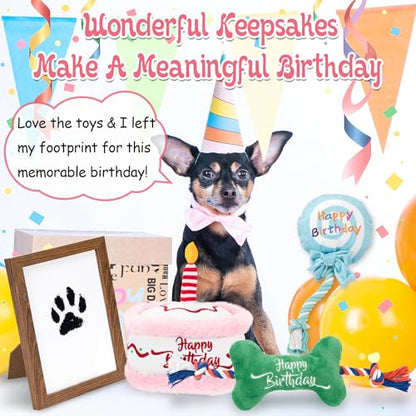 LECHONG 7Pcs Dog Birthday Toys Gifts, No-Mess Paw Print Keepsake Kit with Squeaky Dog Cake Toy, Plush Crinkle Toy, Pet-Safe Ink Pad & Photo Frame for Small Medium Dogs - style: Dog Birthday Toys