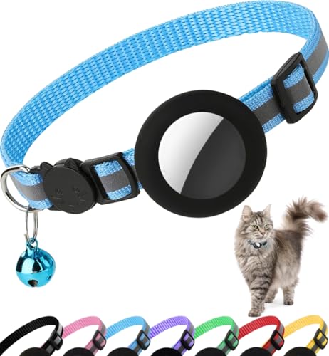 Airtag Cat Collar Breakaway, Reflective Kitten Collar with Apple Air Tag Holder and Bell for Girl Boy Cats, 0.4 Inches in Width and Lightweight (Blue) - color: Blue