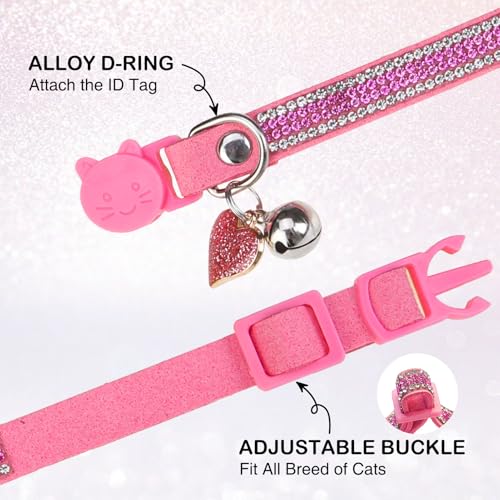 Rhinestone Cat Collar Breakaway with Bell Safety Buckle, 2 Pack Bling Diamond Kitten Collar for Gril Cats, Soft Velvet Female Cat Collars Adjustable 8-12 Inch, Pink - color: Rose Pink(2 Pack), size: 8"-12" Cats / Mini Dogs
