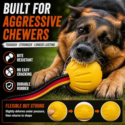 Indestructible Dog Ball with Strap, Heavy Duty Rubber Tug Toy for Aggressive Chewers, Floating Fetch Toy for Medium & Large Dogs(Large) - size: Large