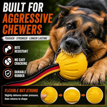 Indestructible Dog Ball with Strap, Heavy Duty Rubber Tug Toy for Aggressive Chewers, Floating Fetch Toy for Medium & Large Dogs(Large) - size: Large