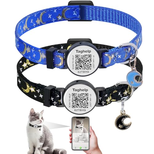 2 Pack Stars and Moon, Solid & Safe Safety Plaid Kitten Collars with QR ID Tag for Girl Boy for Cats, Pet Collar, Breakaway Cat Collar,Silent, Lightweight,Durable QR Code Pet ID Tags (Black&Blue) - color: Star & Moons - Black & Blue