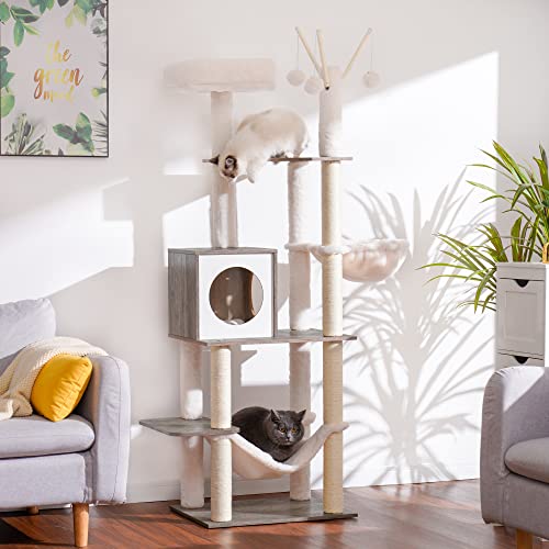 Hey-brother Wooden Cat Tree, 66.1“ Cat Furniture with Scratching Posts, Modern Cat Tower with hammocks, Toys, cat condo, Rustic Gray MPJ120SG - color: Rustic Gray