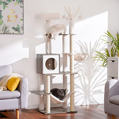 Hey-brother Wooden Cat Tree, 66.1“ Cat Furniture with Scratching Posts, Modern Cat Tower with hammocks, Toys, cat condo, Rustic Gray MPJ120SG - color: Rustic Gray