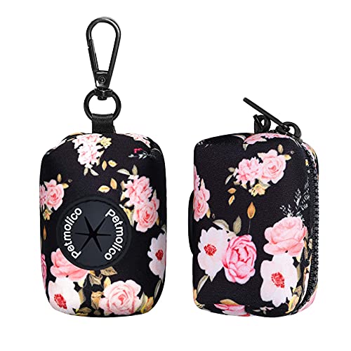 Dog Poop Bag Holder Leash Attachment, Waste Bag Dispenser Zippered Pouch, Fits Any Leash, Includes Free Roll of Bags, 2 Packs - Pink Rose - color: Black with Pink Rose