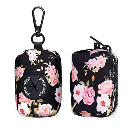 Dog Poop Bag Holder Leash Attachment, Waste Bag Dispenser Zippered Pouch, Fits Any Leash, Includes Free Roll of Bags, 2 Packs - Pink Rose - color: Black with Pink Rose