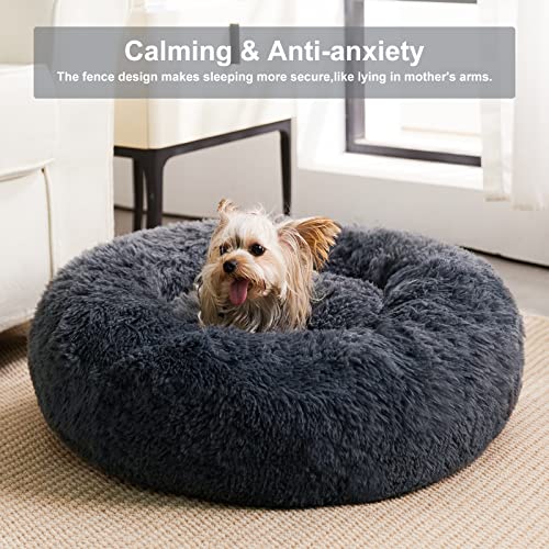 WNPETHOME Calming Dog Bed & Cat Bed, Anti-Anxiety Donut Small Dog Beds, Fluffy Faux Fur Cat Cushion Dogs Beds for Small Dogs and Cats (20 x 20 x 8 Inch, Navy Grey) - color: Navy Grey, size: 20"L x 20"W x 8"Th