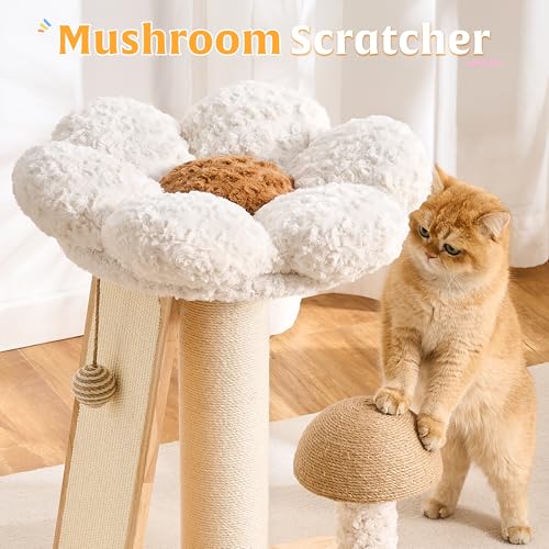 HITTITE Solid Wood Cat Tree Tower, Cat Scratching Post with Bed, 27" Small Flower Cat Tree, Compact Cat Tower with Scratching Pad and Cat Bed, Mushroom Modern Cat Tower for Indoor Cats Large Adult. - color: Flower Cat Bed