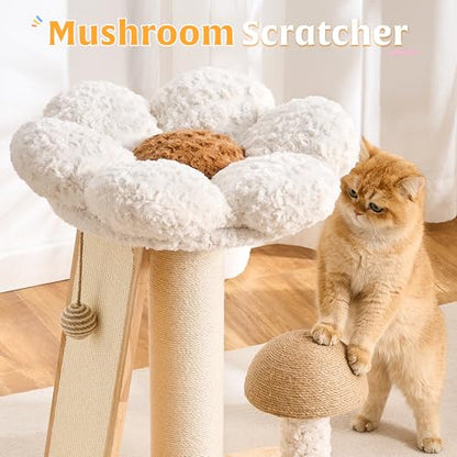 HITTITE Solid Wood Cat Tree Tower, Cat Scratching Post with Bed, 27" Small Flower Cat Tree, Compact Cat Tower with Scratching Pad and Cat Bed, Mushroom Modern Cat Tower for Indoor Cats Large Adult. - color: Flower Cat Bed