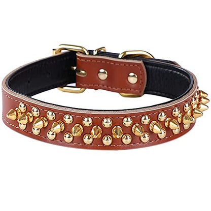 Spiked Studded Dog Collar, Soft Genuine Leather Dog Collar, Adjustable Dog Collars for Small Medium Large Dogs Breeds Pit Bull (S fit Neck 10.5-13", Brown) - color: Brown, size: S fit Neck 10.5-13"