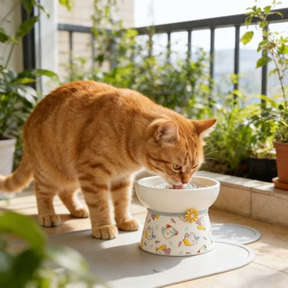 Elevated Ceramic Cat Bowls, 15°Raised Cat Food Bowl, Whisker Friendly Anti Vomiting Cats Dishes, Anti Vomiting & Protect Pet's Spine, Feeder Dish for Indoor Kitty and Small Dogs (Cat Pattern) - color: Cat pattern