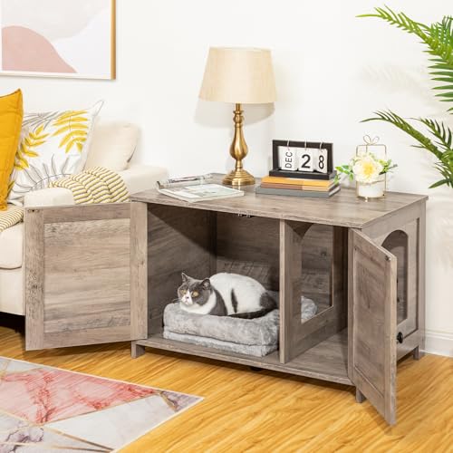 HOOBRO Litter Box Enclosure, Cat Litter Box Furniture with Removable Divider, Large Hidden Litter Box Furniture, Wooden Cat House, End Side Table, 31" L x 17.5" W x 19.7" H, Greige BG03MW01G2 - color: Greige