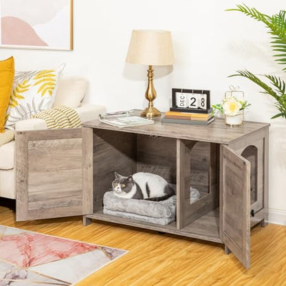 HOOBRO Litter Box Enclosure, Cat Litter Box Furniture with Removable Divider, Large Hidden Litter Box Furniture, Wooden Cat House, End Side Table, 31" L x 17.5" W x 19.7" H, Greige BG03MW01G2 - color: Greige