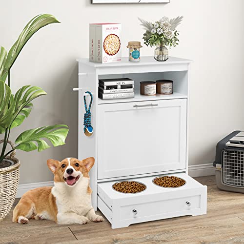 Dog Feeding Station Dogs Food Storage Cabinet Pet Feeder Container with 2 Thick 50oz Stainless Steel Raised Dog Food and Water Bowls, Pet Supply Organizer with Pet Toy Hangers, White - color: White