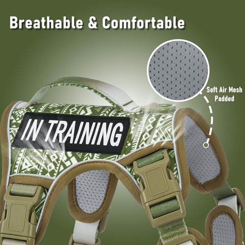 AUNZO Service Dog Vest Harness with 2 Velcro Patches, No Pull Dog Harness for Walking Training Hiking, Metal D-Rings Easy on/Off Neck Buckle Reflective Strips Soft Padded Handle, Green - color: Green Ethnic, size: Medium