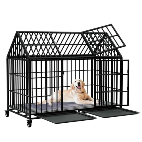 54" Heavy Duty Dog Crate Large Dog cage Strong Metal Dog Kennels and Crates for Large Dogs Top Open with 2 Doors 4 Lockable Wheels 2 Removable Trays - size: 54.0"L x 29.5"W x 46.0"H