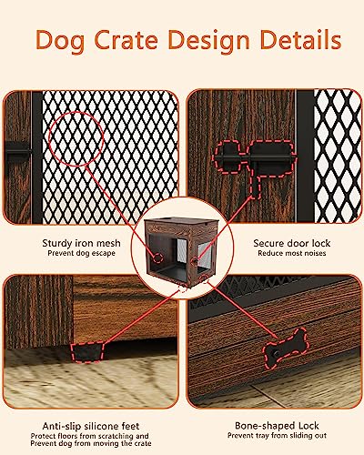 Dog Crate Furniture,Wooden Dog Crate End Table with Storage Drawer&Cushion&Tray, QC3.0 Wireless Charging,Dual USB,Medium Dogs Rustic Style - color: Rustic Brown, size: 28.5"L x 21.5"W x 30.5"H