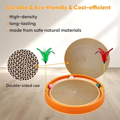 Extra-Large Round Cat Scratcher Bed with Ball Track – 3-in-1 Circular Cardboard Scratching Pad with Feather Toys – Interactive Cat Toy Round Track for Large Breeds Like Maine Coons (Orange) - color: Orange