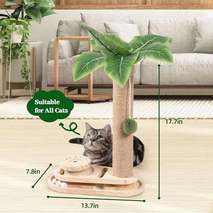 Meowoou Cat Scratching Post Cat Scratcher Interactive Toy with Dangling Ball for Indoor Kitten 2 Layer Base Wooden Ball Track 17.7" Tall Modern Sisal Scratch Pole - size: 18 in Ball Track