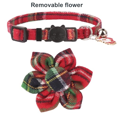 ADOGGYGO Christmas Cat Collar with Floral, 2 Pack Xmas Kitten Flower Collar, Red Green Plaid Christmas Collars for Cat Kitten - color: Christmas