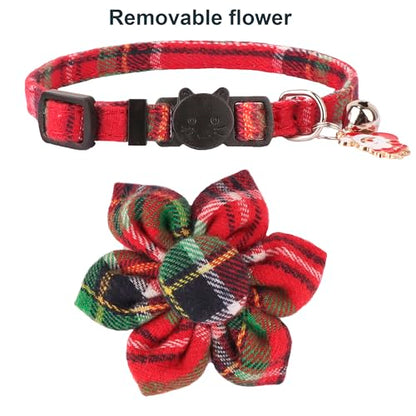 ADOGGYGO Christmas Cat Collar with Floral, 2 Pack Xmas Kitten Flower Collar, Red Green Plaid Christmas Collars for Cat Kitten - color: Christmas