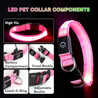 Neon LED Light Up Dog Collar for Night Walking, Rechargeable Safety Glow Illuminated Collar with 3 Modes Flashing, Reflective Adjustable Pet Light for Small/Medium Dogs Puppy 15-19" Neck (Pink) - color: 1-Pack(Pink)&Medium