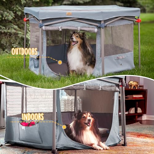 CANINE CANYON Zora Portable Pet Playpen, Foldable Dog Playpens for Indoor and Outdoor Exercise, Pop Up Pet Fence with Carrying Case for Dogs/Puppies, Dove Gray, 49" x 49" x 28"