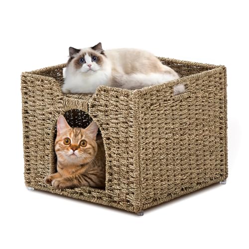Cat Houses for Indoor Cats, Handwoven Natural Seagrass Cat Cave Pet Cube,Foldable Pet Cat House, Cat Beds with Double-Sided Mat, Hideaway, in Living Room Bedroom - color: Water Hyacinth, size: 16.5inch*16.5inch*12.5inch
