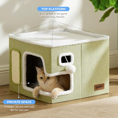 ZOMISIA Cat Beds for Indoor Cats - Large Cat House for Pet with Fluffy Ball Hanging and Scratch Pad, Foldable Cat Hideaway,16.5x16.5x13 inches, Green