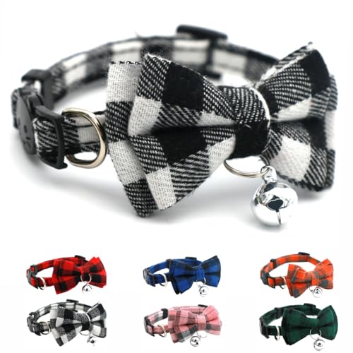 White Plaid Dog Bow Collar with Bell, Breakaway Cat Collar Bell with Bowtie Christmas Puppy Collars for XXS Xs Small Tiny Little Pet Dogs Boy Girl Kitten, for Hoilday Birthday Party - color: White Plaid