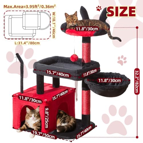 Taoqimiao MS043BR Cat Tree, 32.2-Inch Cat Tower for Indoors Cats, Cat Condo with Large Cat Perch, Spacious Cat Cave, Scratching Posts for Small and Medium Cats, Black and Red - color: Gothic