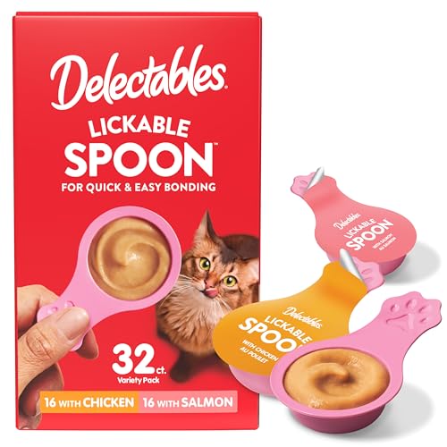 Delectables Lickable Spoon Handheld Wet Cat Treats Made with Real Chicken & Salmon, Quick & Easy Creamy Puree, Mess Free, Grain-Free, No Added Fillers, No by-Products, Variety Pack, 32ct - size: 0.35 Ounce (Pack of 32)